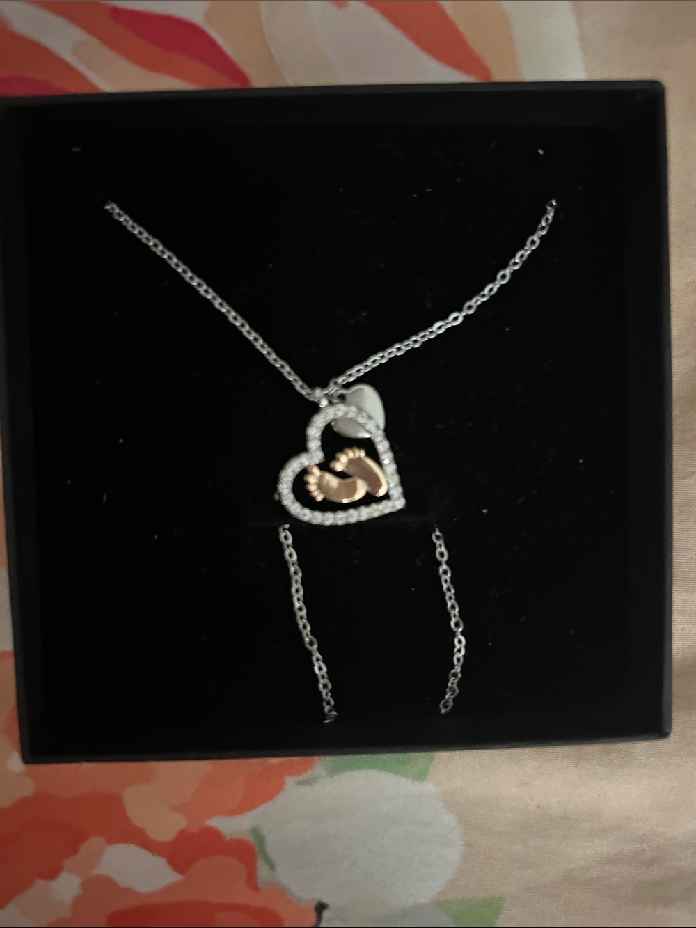 Heart Pendant Necklace with Rose Gold Baby Foot Accent - Silver no real